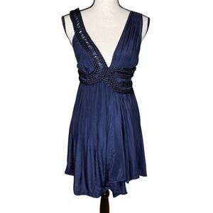 Leon Max Limited Edition Navy Silk Blnd Fit & Flare Drape Hem Dress Sz XS Party